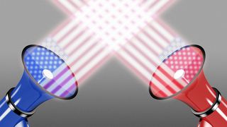 Illustration of two opposing megaphones in red and blue with US flags ascending from the sound pieces 